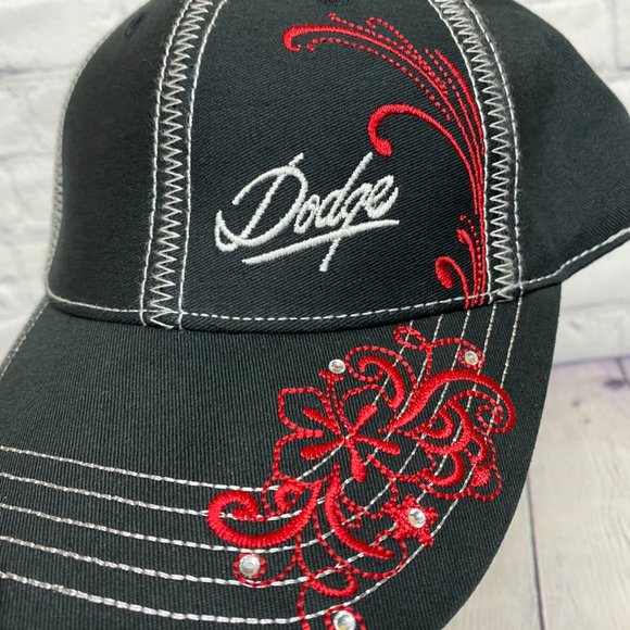 Dodge Hat Women Strap Back Black Embroidered Logo Jewel Rhinestone Pony Tail Cap - Picture 6 of 8